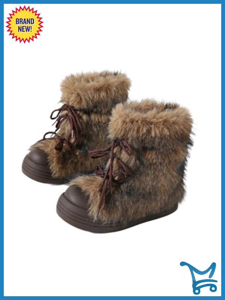 Faux Fur Mid-Calf Snow Boots With Platform Heel, Warm Winter Footwear